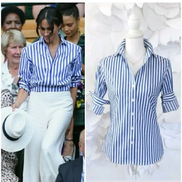 BANANA REPUBLIC Blue Striped Shirt Blouse Button front classic non iron fitted 0 - Picture 2 of 6